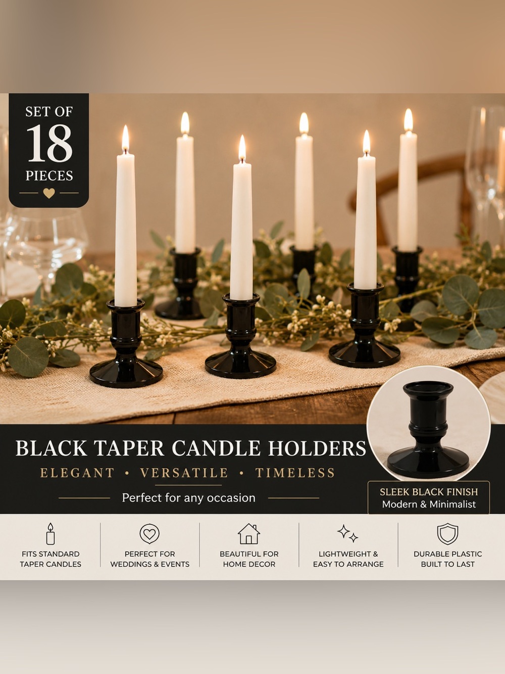 18 Black Candle Holders for Taper Candles Wedding Party Halloween Decor